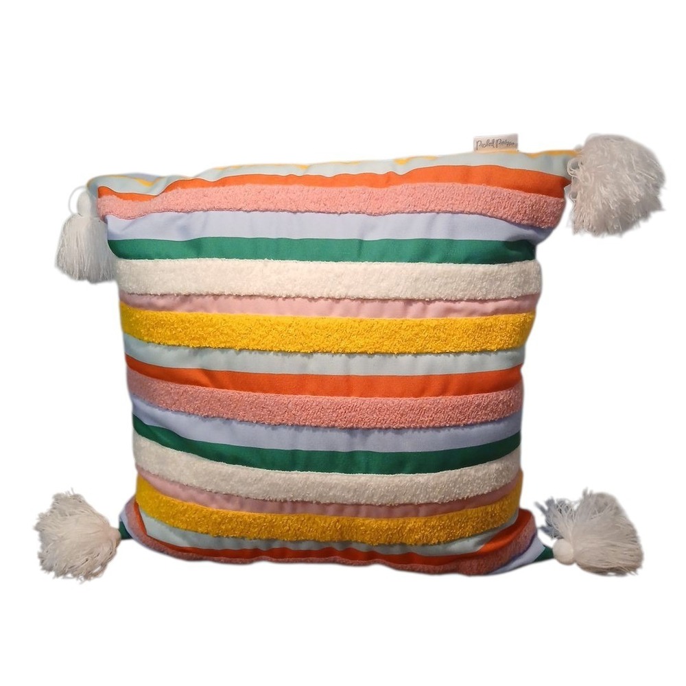 Colorful Packed Party Striped Tassels Throw Pillow Youth Teen Bedroom 15"x15"
